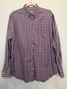 Peter Millar 100% Cotton Classic Purple Plaid Long Sleeve Button Down Size Large
